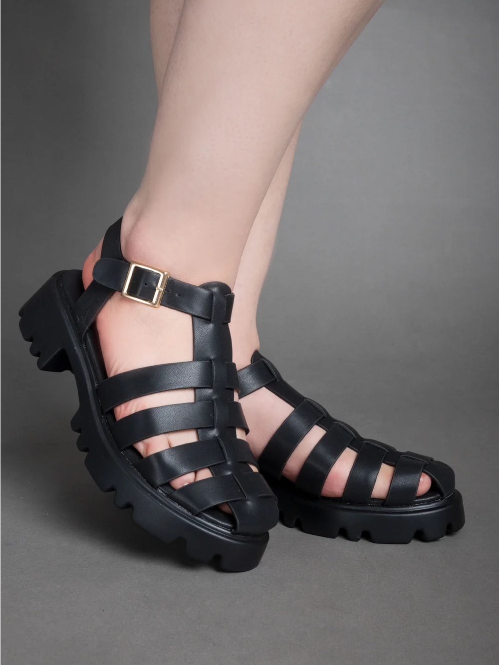 Black Leather Gladiator Platform Sandals – Chunky Lug Sole Size 38